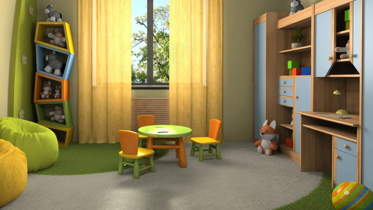 A colorful playroom with different sections for reading, artwork, and relaxing.