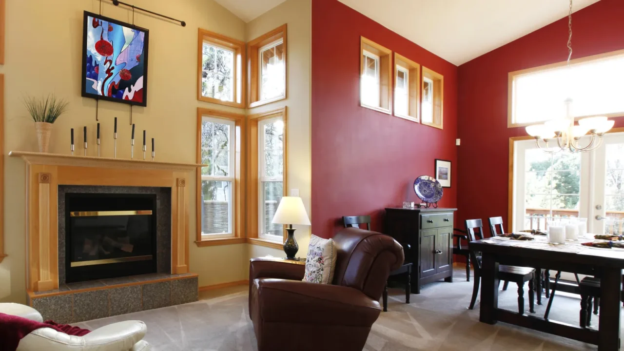 modern large open living room with red wall