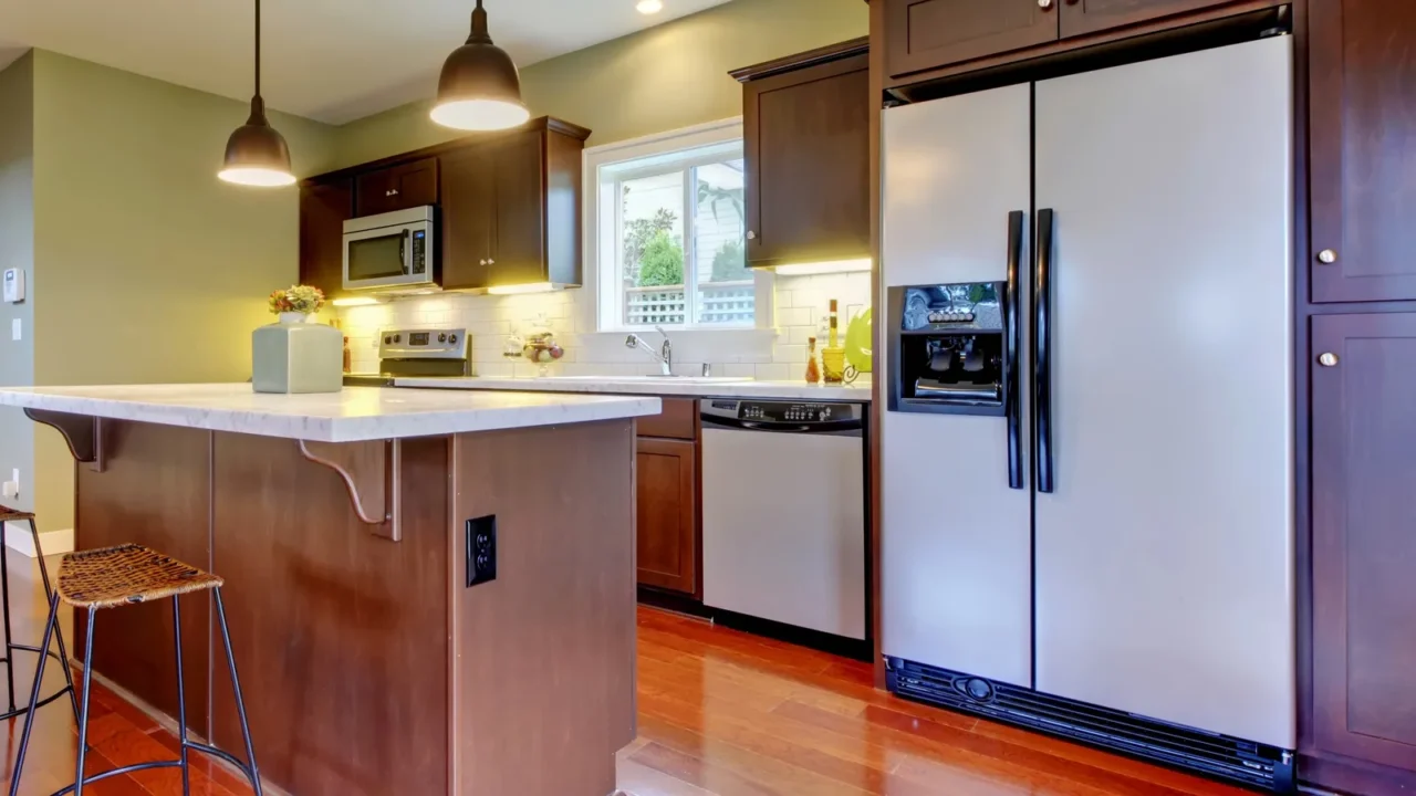 modern new brown kitchen with cherry floor