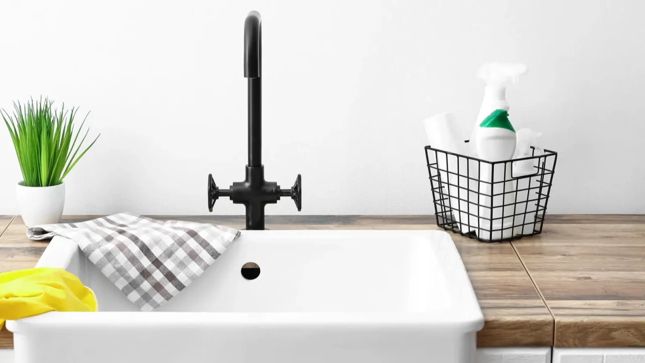 modern sink with rubber gloves and basket with detergents near