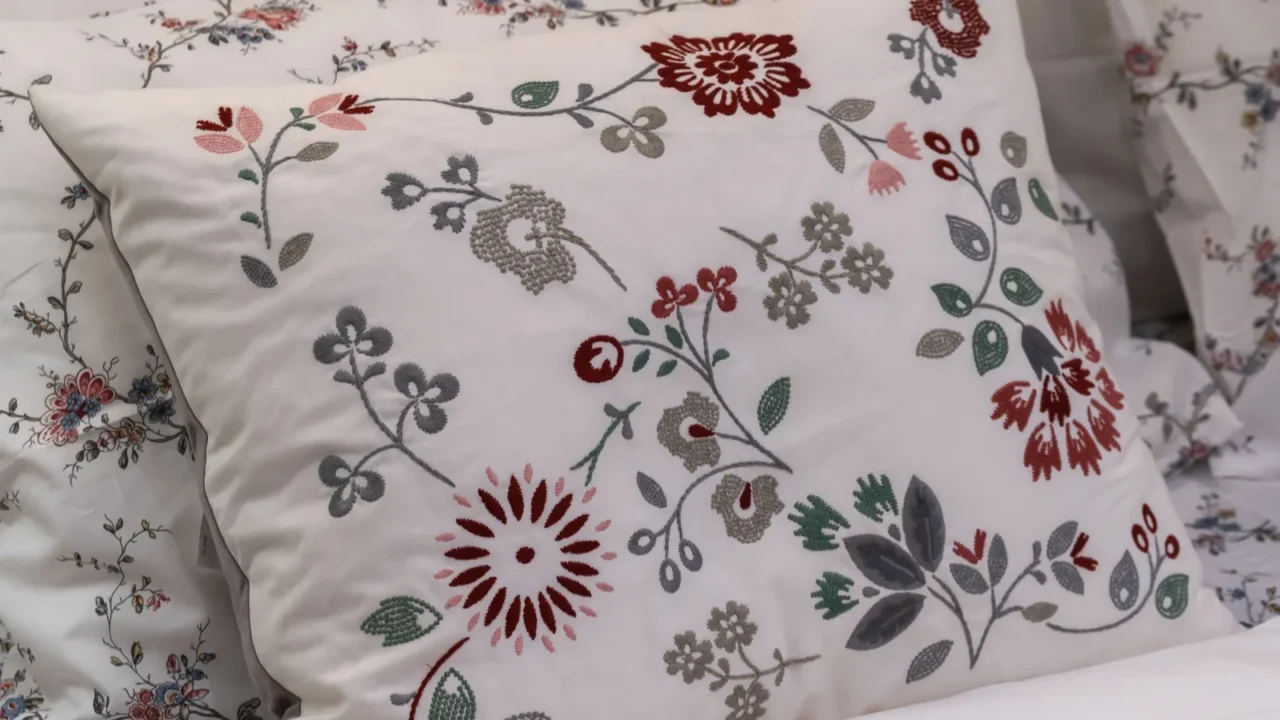 Floral embellished pillowcases on a bed.