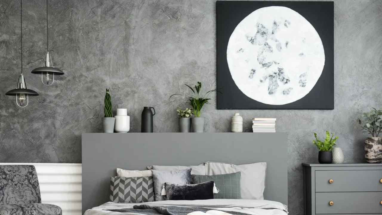 moon art decor on the wall in a stylish grey