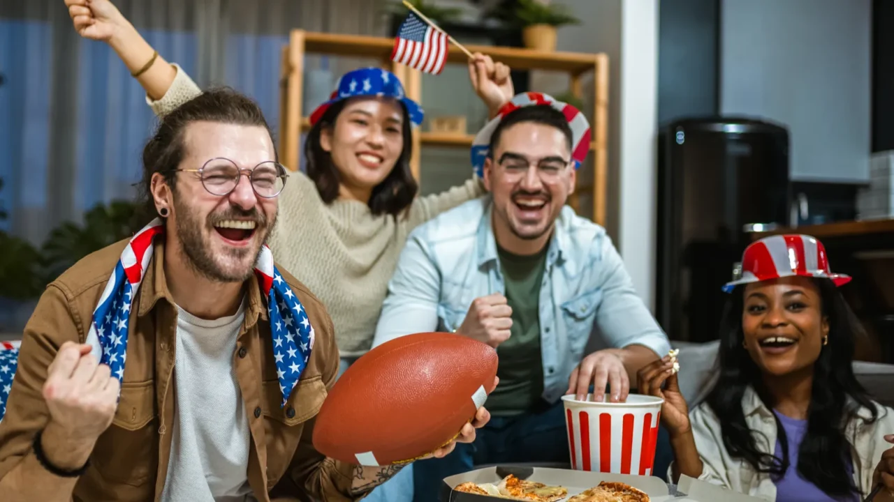 multiracial group of friends watching rugby with american flags