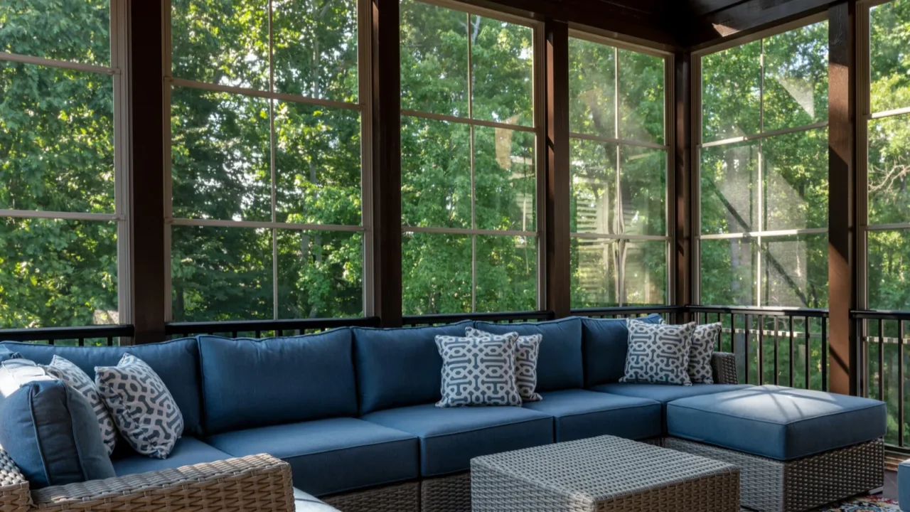 new modern screened porch with patio furniture summertime woods in