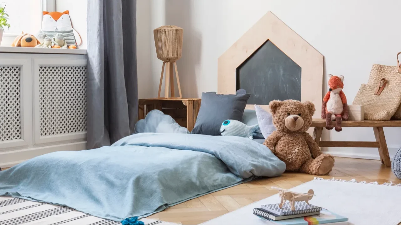 panoramic view of kids bedroom and play room with small