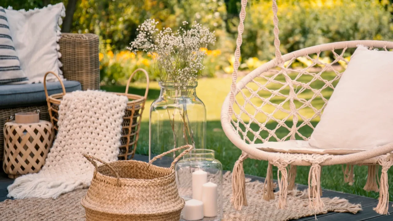 pillow on hanging chair and basket on carpet in the