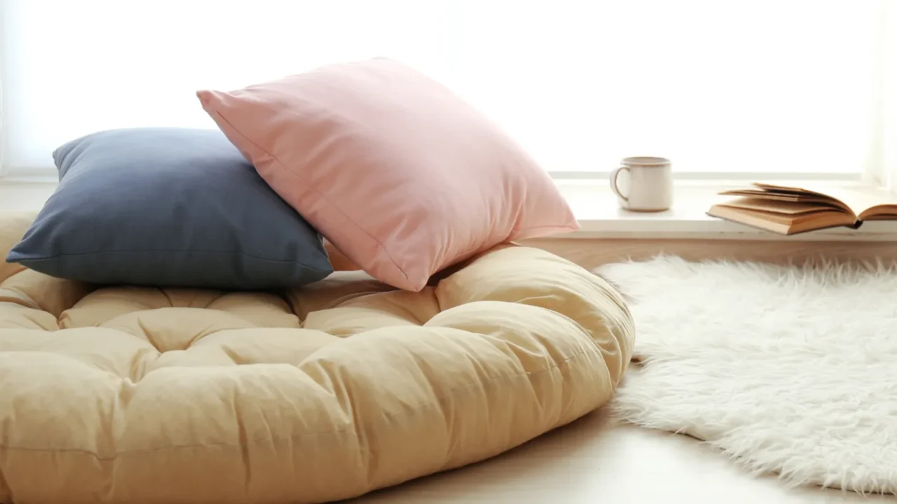 A floor cushion with pillows and a faux fur rug near the window.