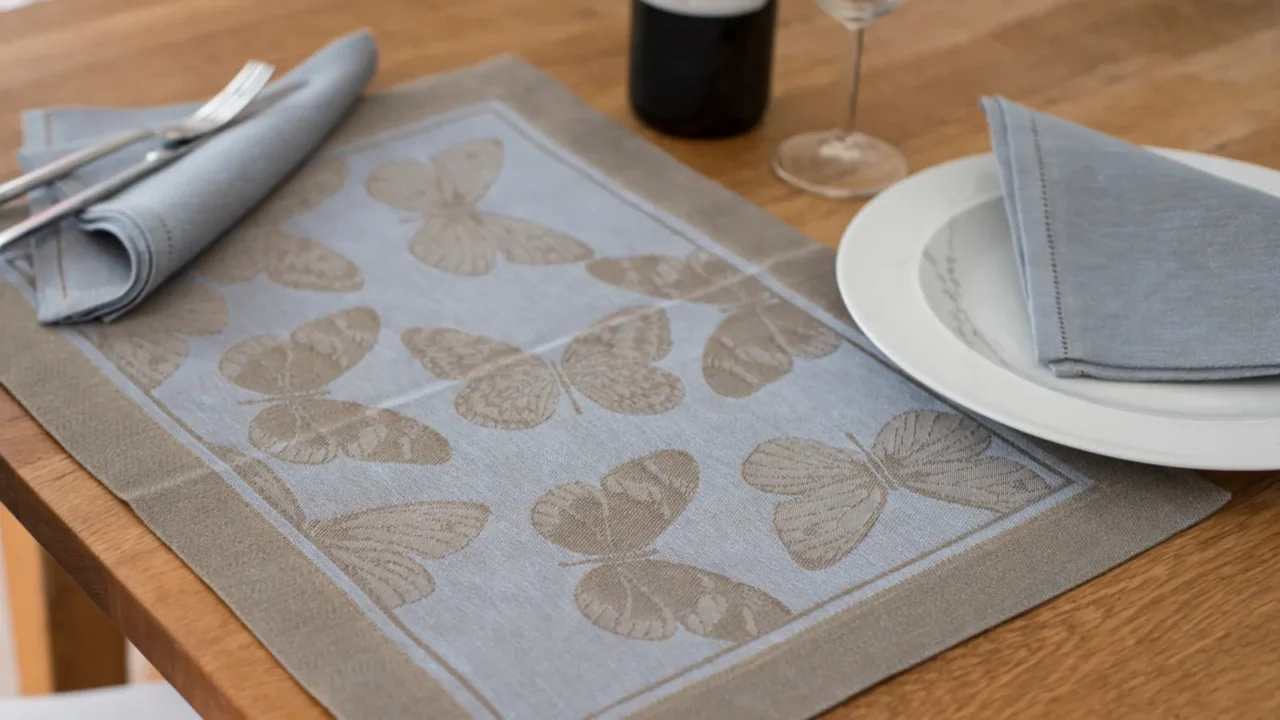 A decorative placemat and a plate with napkin on a wooden table.