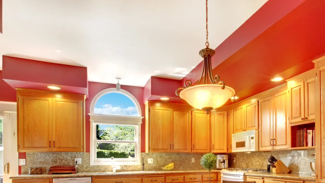 red beautiful large kitchen with cherry hardwood