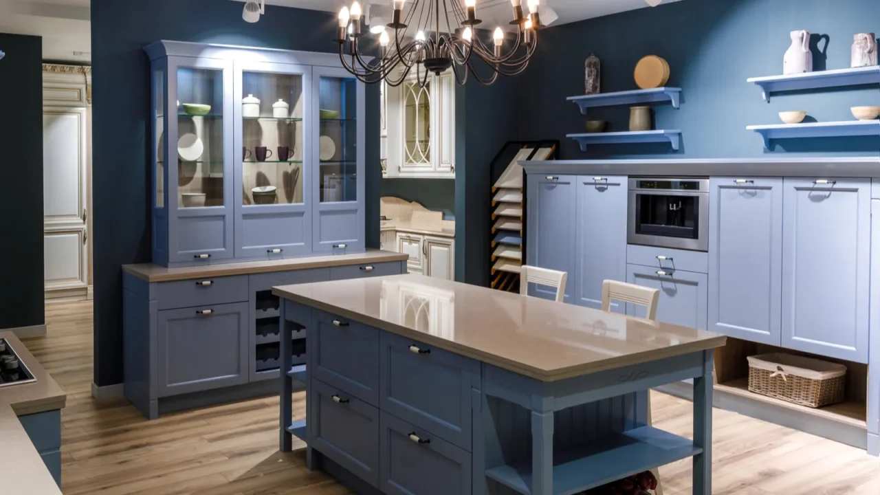 renovated kitchen interior in blue tones