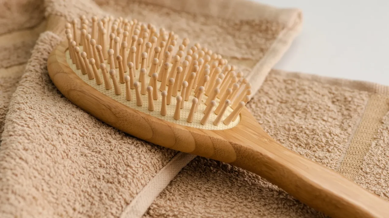 selective focus of hair brush on towel on grey background