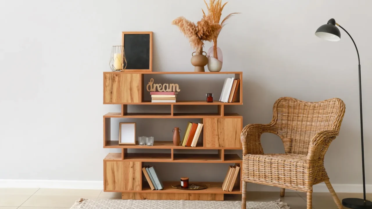 A reading nook with an armchair, floor lamp, and a wooden shelf with books, vases, and decor accents.