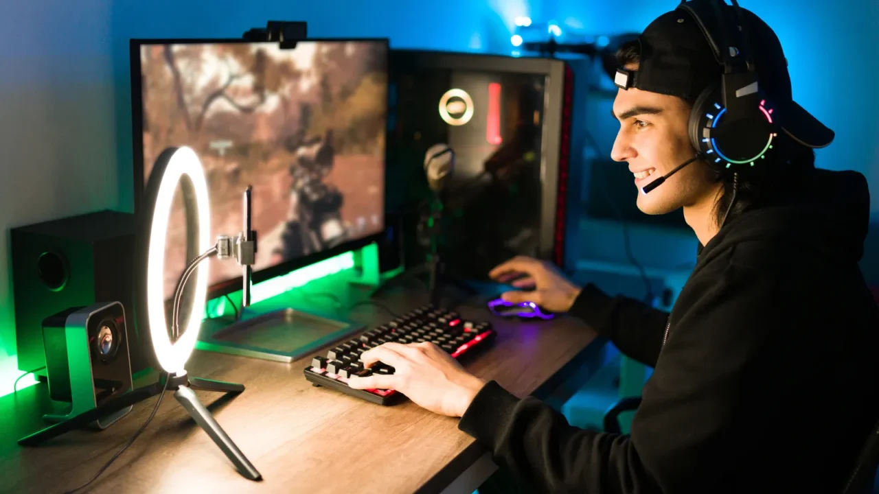 smiling young man live streaming his online video game using