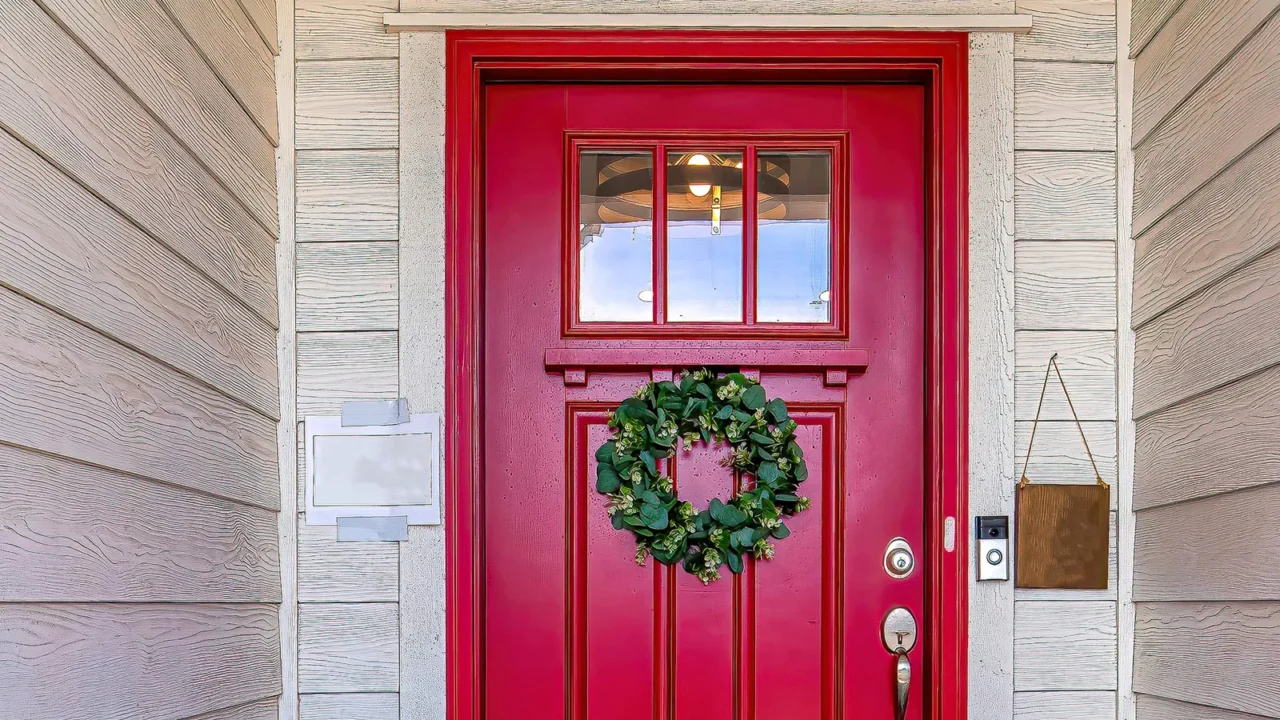 square home entrance with vibrant red glass paned front door