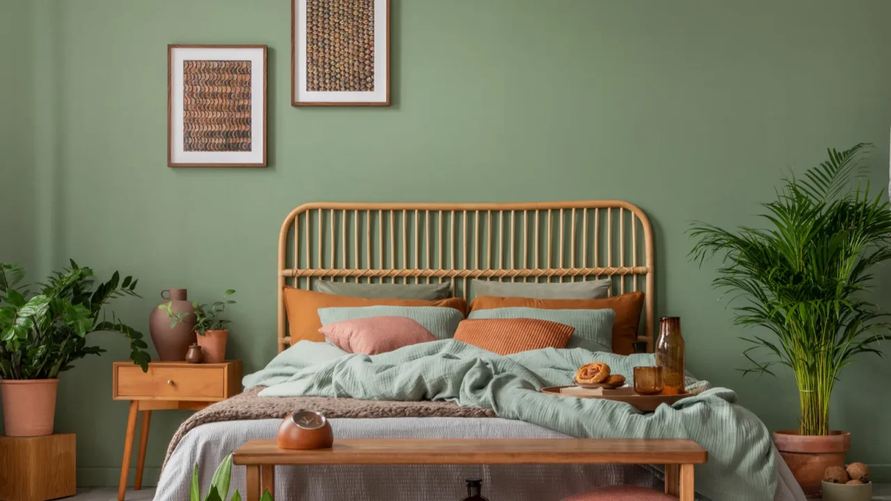 A stylish bedroom interior with bamboo bed with pillows, blanket, and a wooden bed tray, potted plants, and framed posters on the wall.