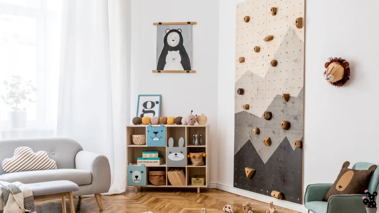 stylish scandinavian interior design of childroom with gray sofa modern