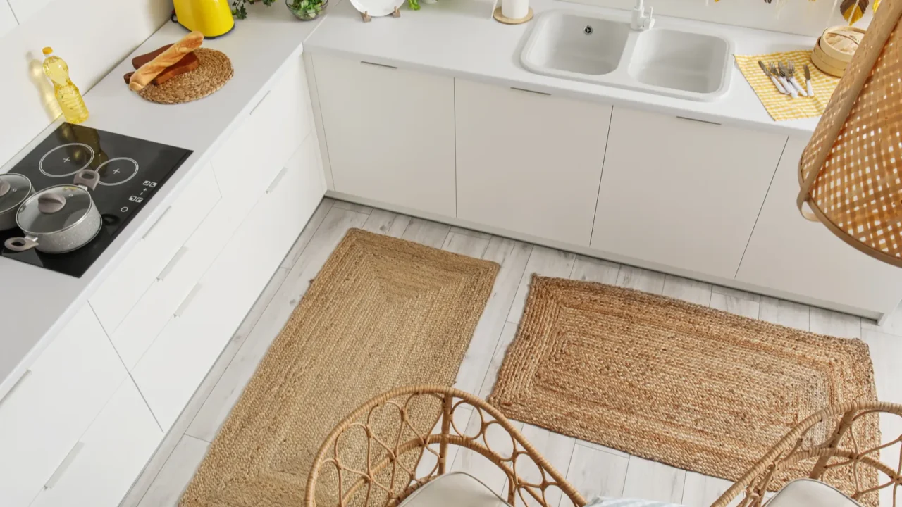 stylish wicker rugs in interior of modern kitchen