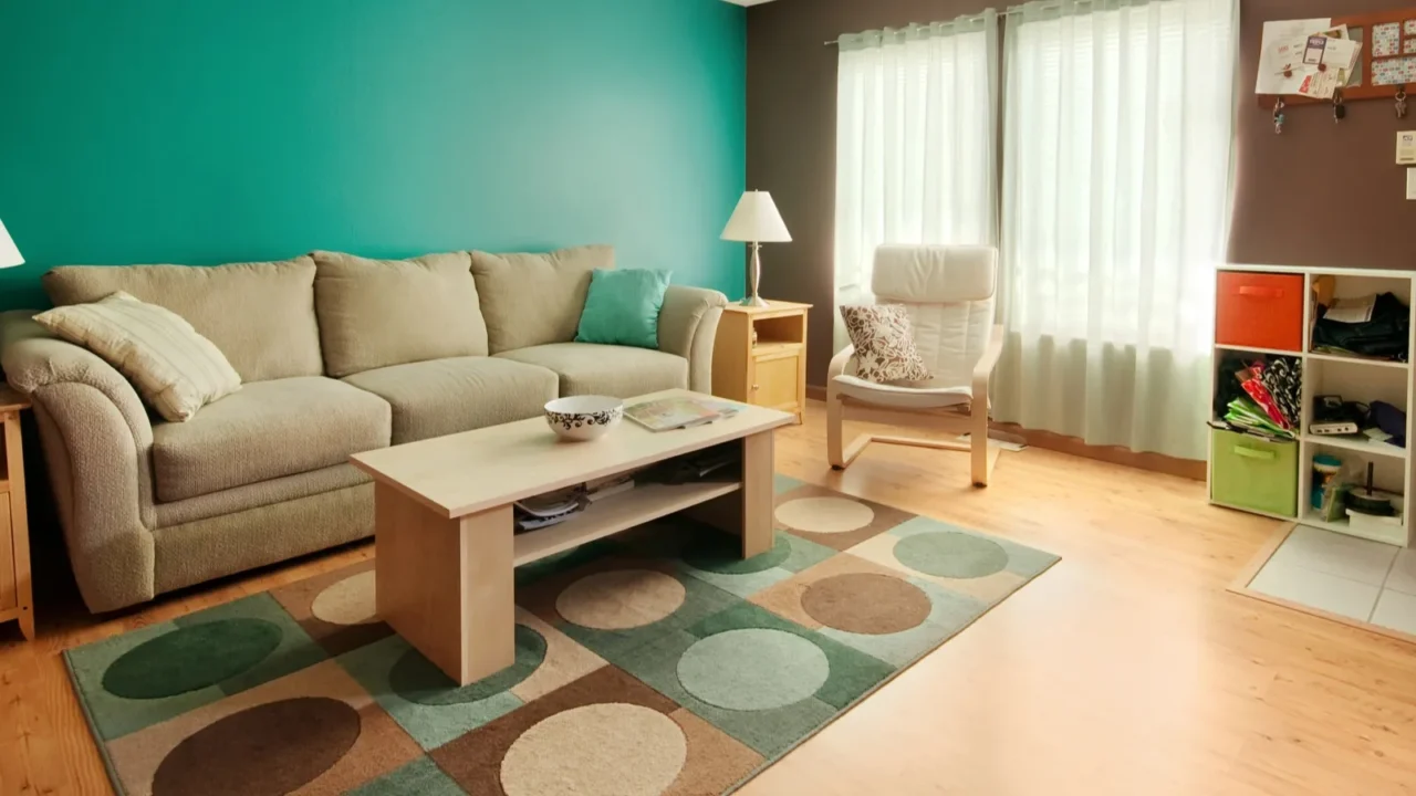 teal and brown family room