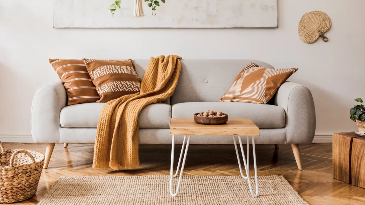 A living room interior with gray sofa with throw pillows and blanket, sisal rug, coffee table, and a woven basket,