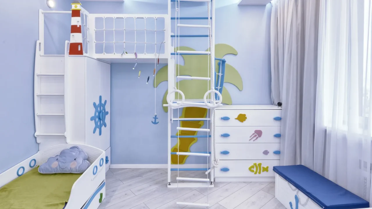 the interior of a childrens bedroom for a boy in