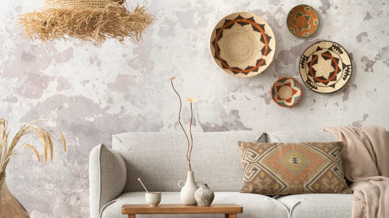 A sofa with decorative pillows and a coffee table, adorned with hanging woven baskets on the wall.