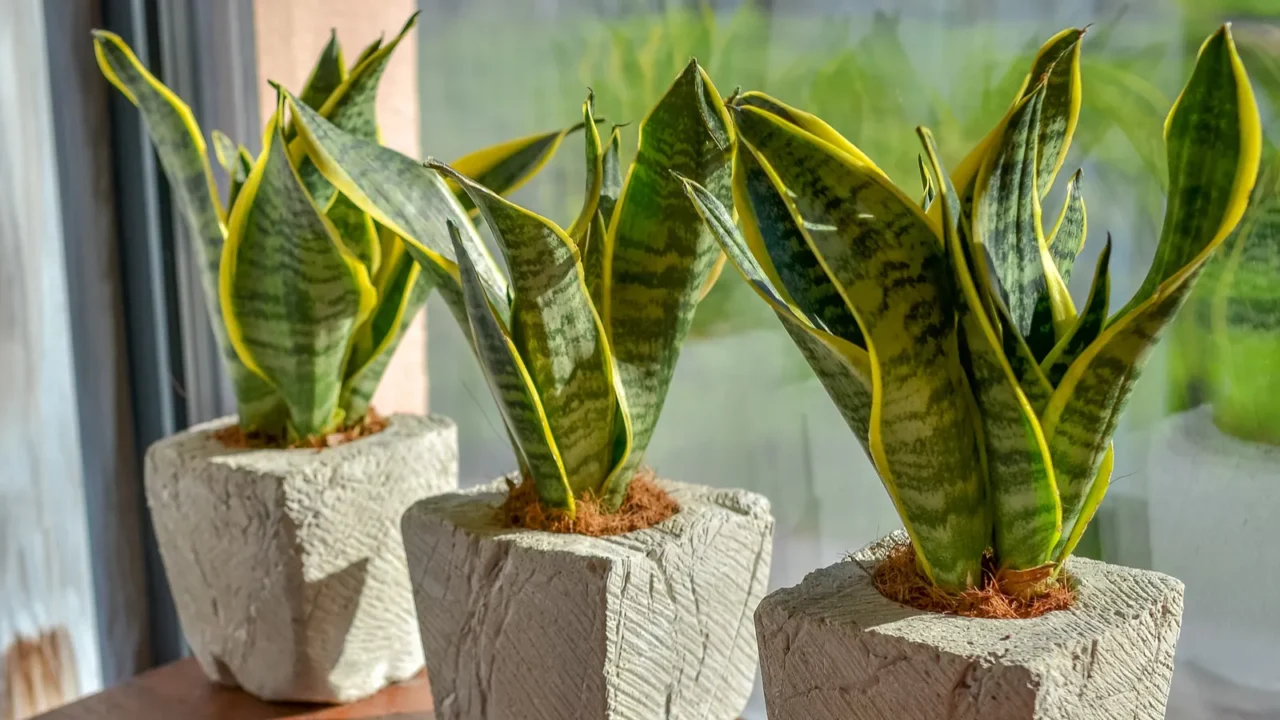 3 snake plants in creative clay pots placed in front of the window.