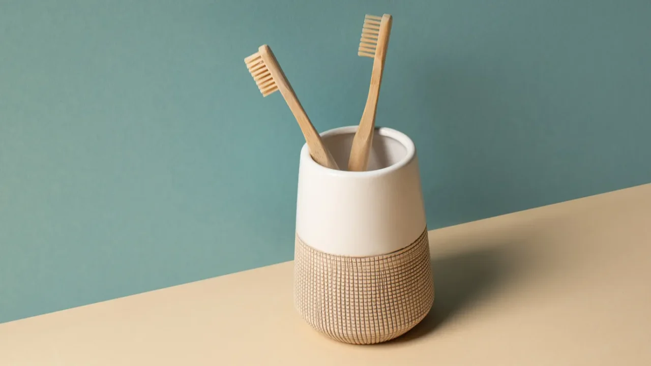 toothbrushes in toothbrush holder on beige and grey zero waste