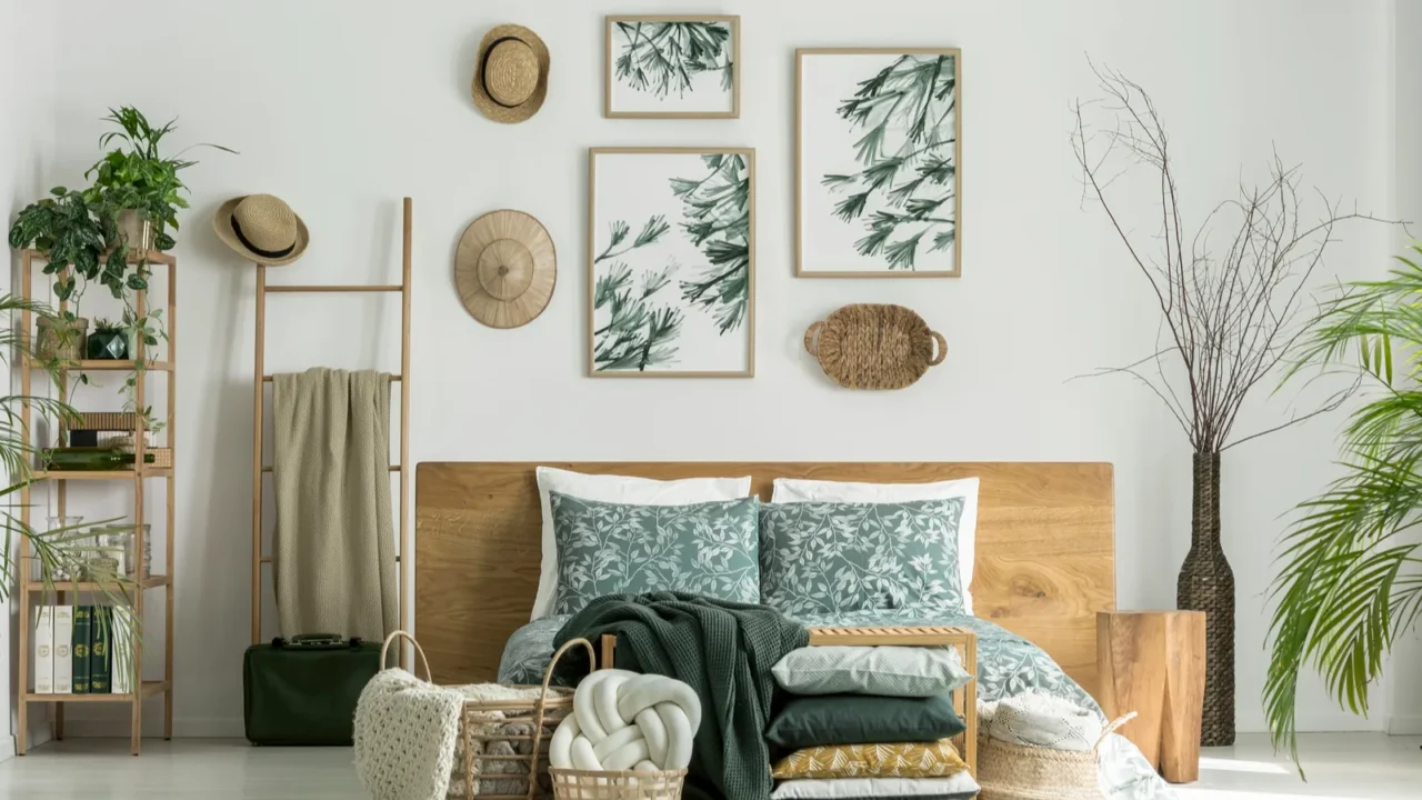 A bedroom interior with cozy bed, woven storage baskets, vase with dried branches, and framed posters and woven accents on the wall.