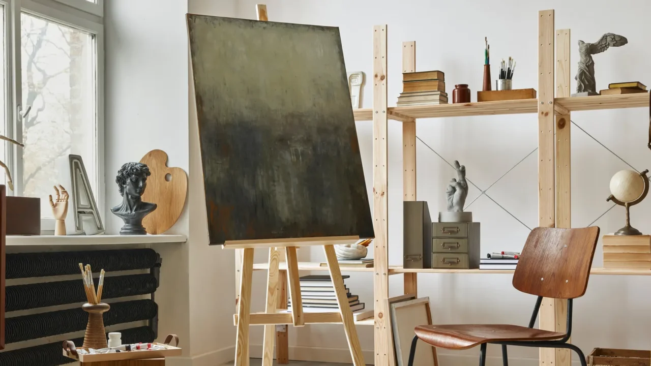 unique artist workspace interior with stylish teak commode wooden easel