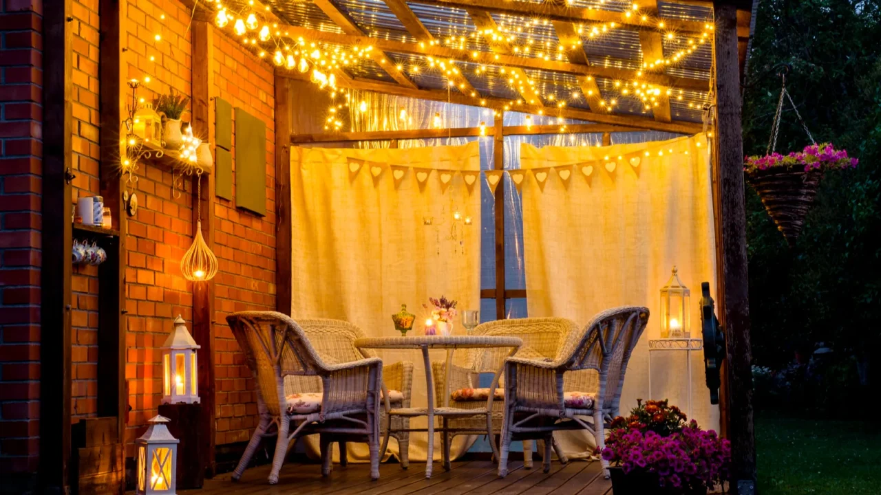 view over cozy outdoor terrace with table and chairs very