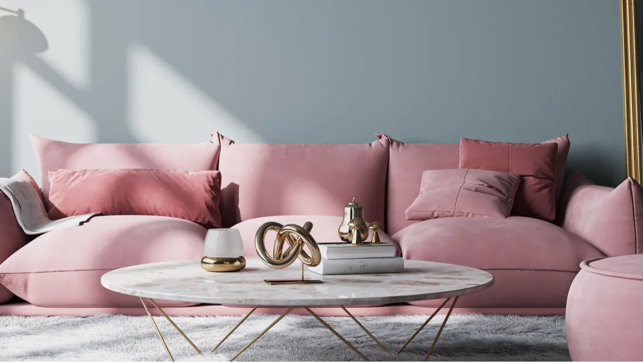 wall mockup in modern living room design pink sofa and