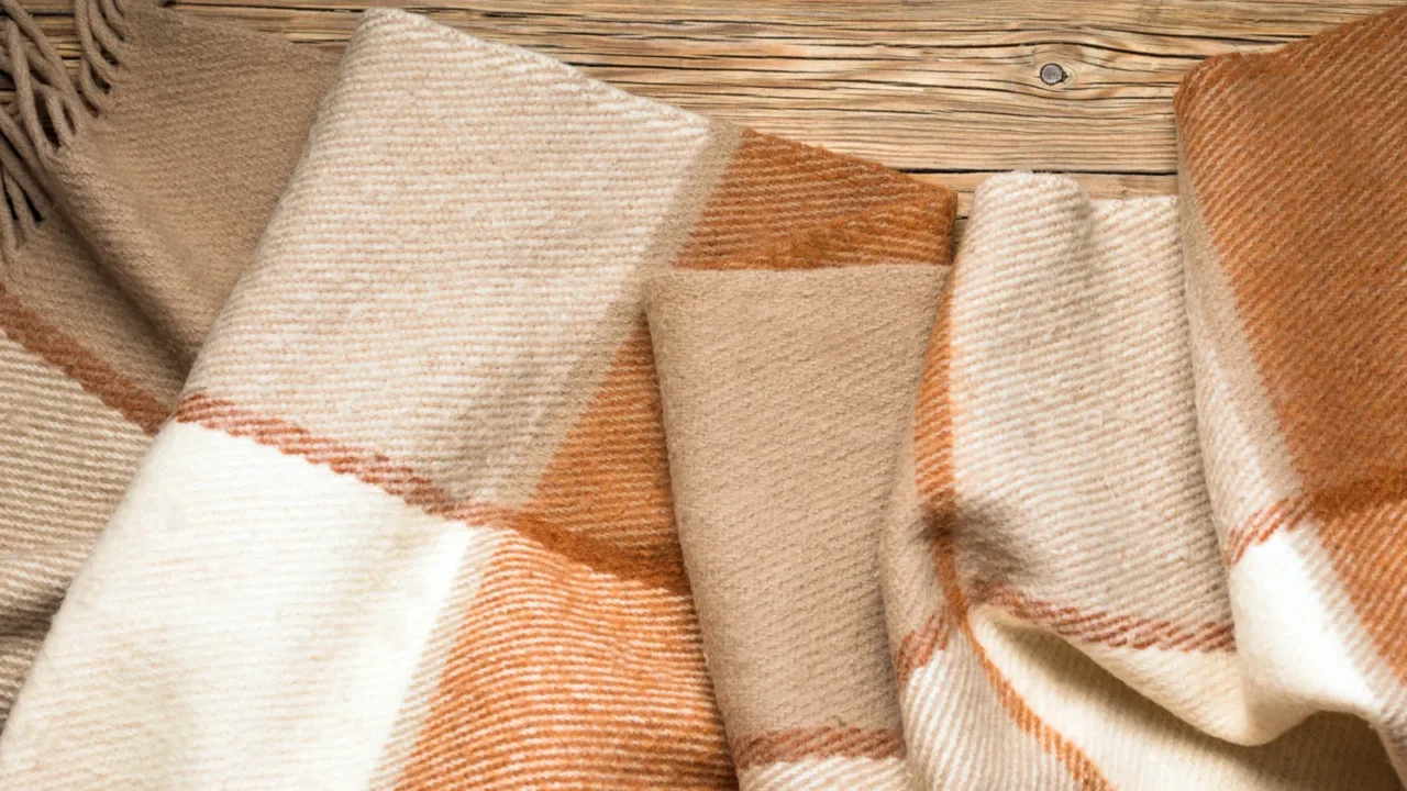 A warm cashmere throw on a wooden surface.