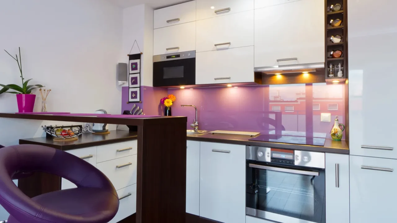 white and purple kitchen interior