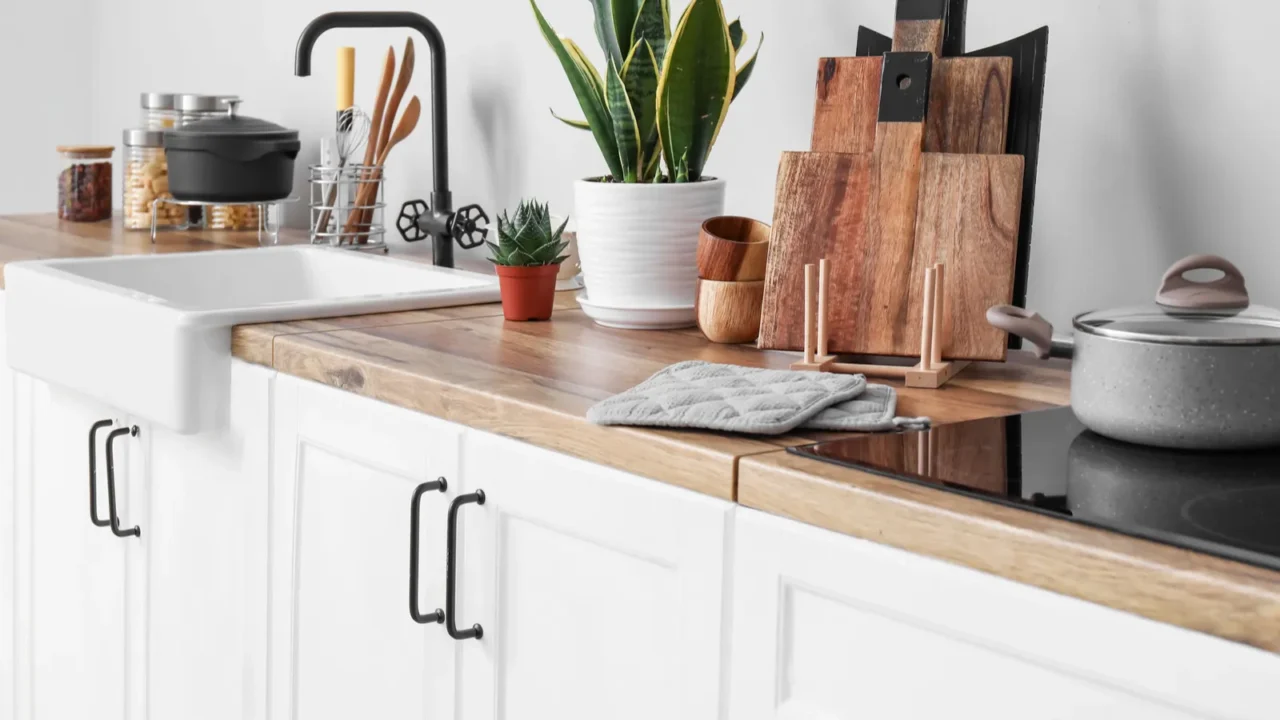 white counters with sink food kitchen utensils and houseplants near