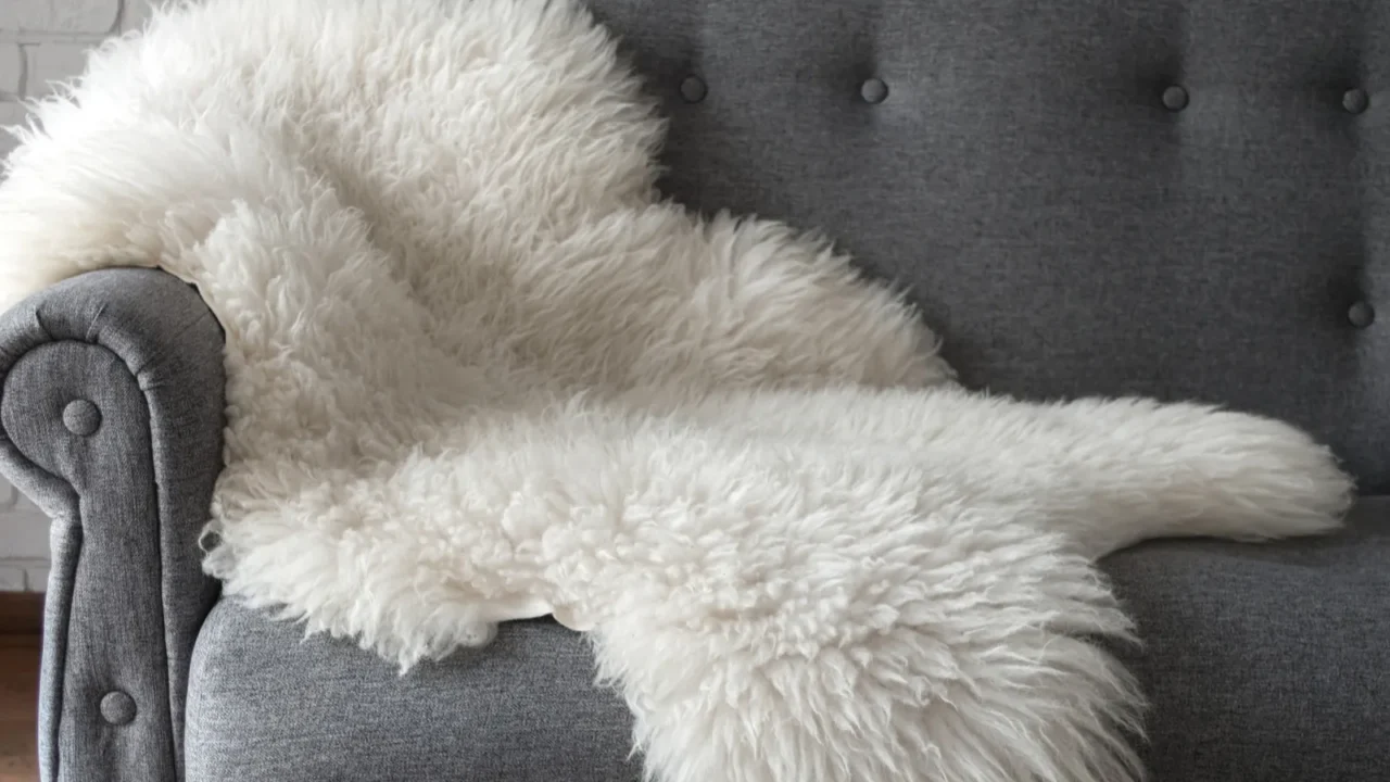 A soft cozy sheepskin throw on a gray sofa.