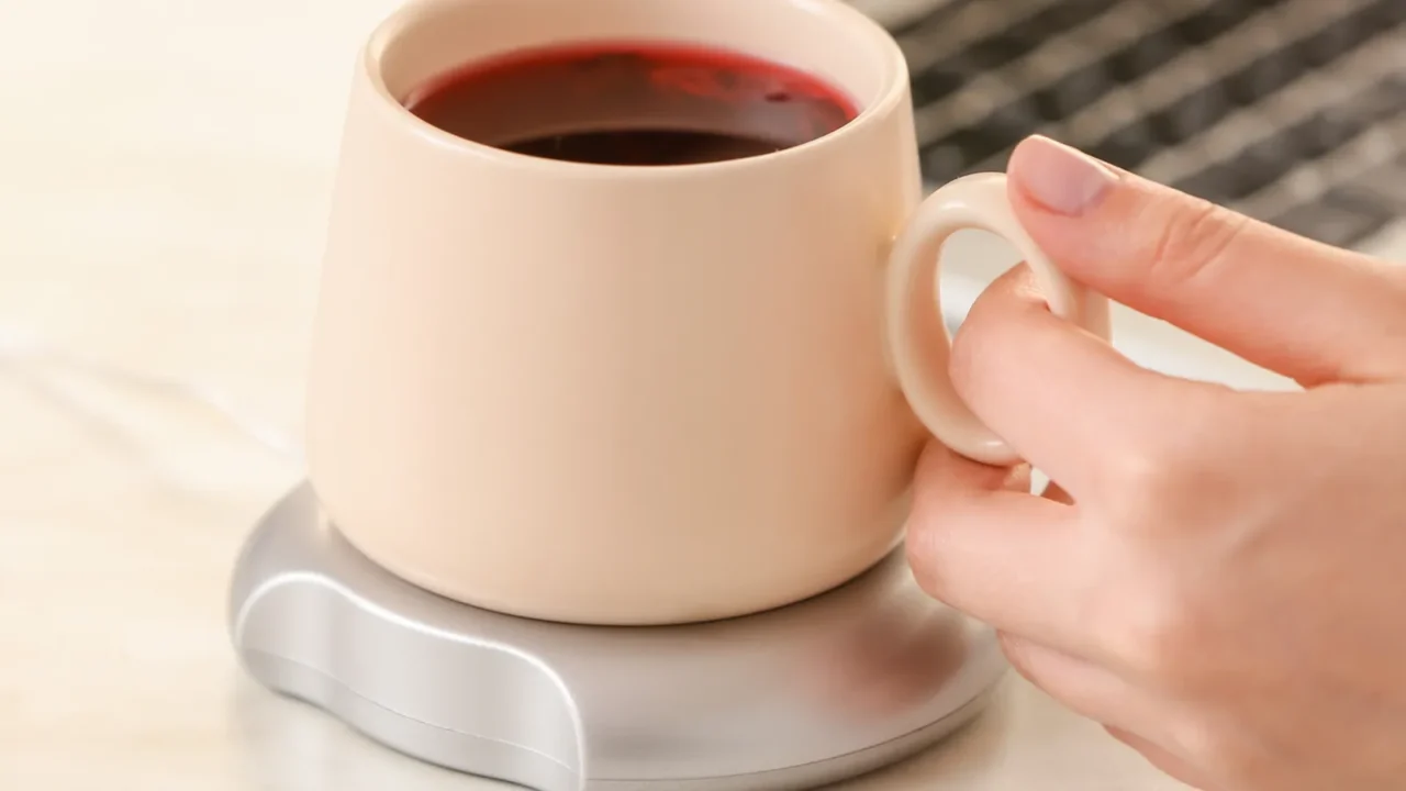 woman taking cup of coffee from heater on table