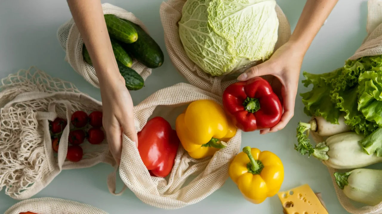 womans hand holding a reusable grocery bag with vegetables on