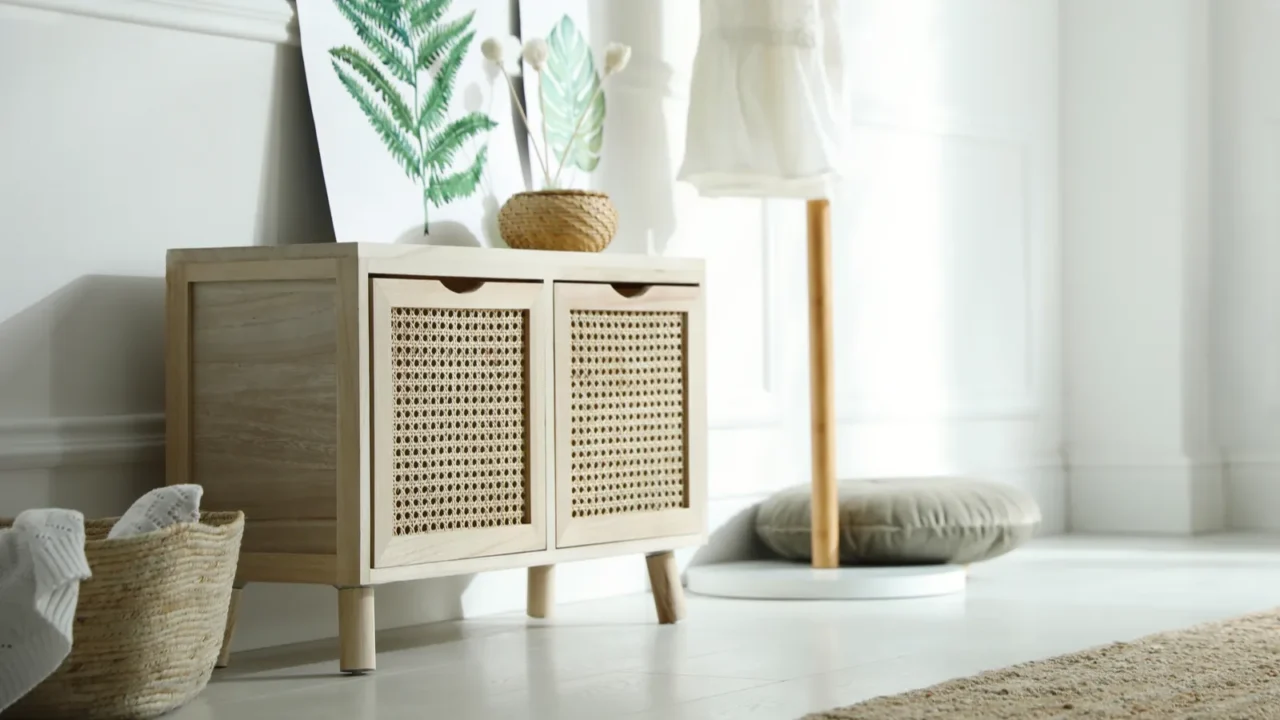 wooden commode near white wall in room interior design