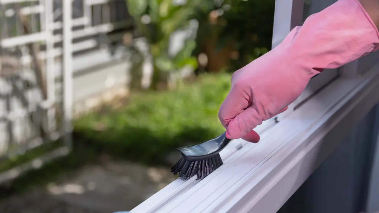 worker hands cleaning sash window rails