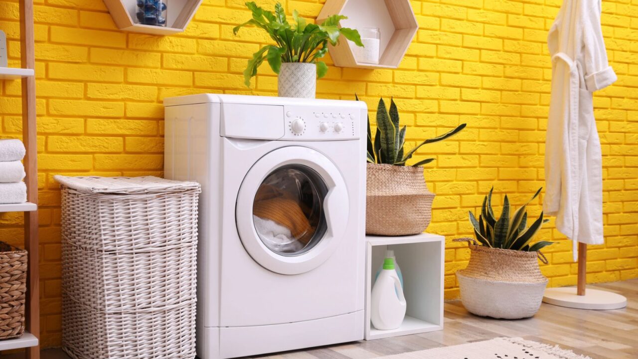 A modern washing machine next to potted plants against a bright yellow wall.