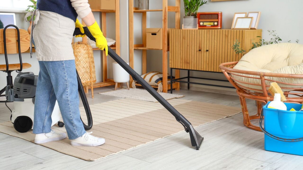 A woman vacuuming a floor in a cozy, well-decorated home.