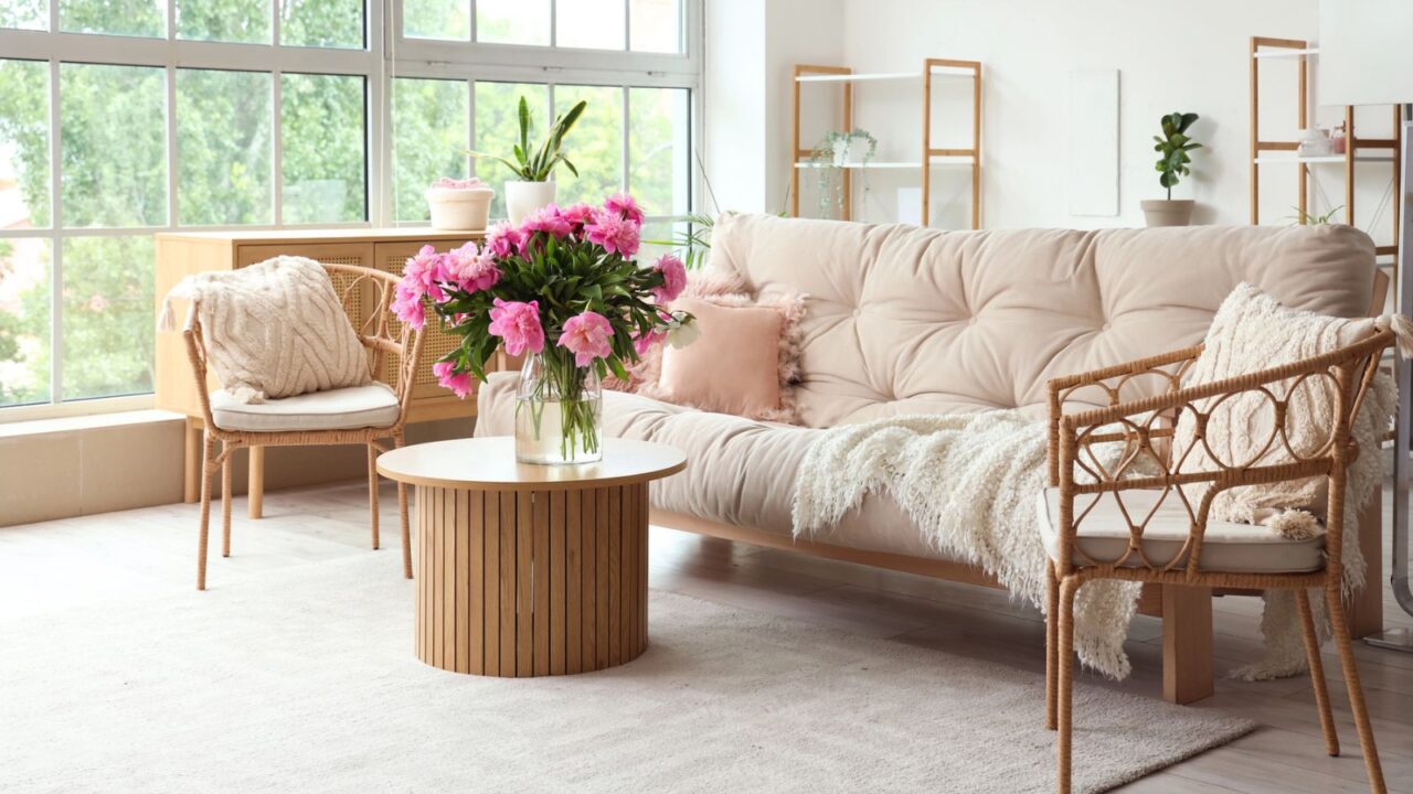 A cozy living room featuring a light beige sofa, a round wooden coffee table, and a bouquet of pink flowers.