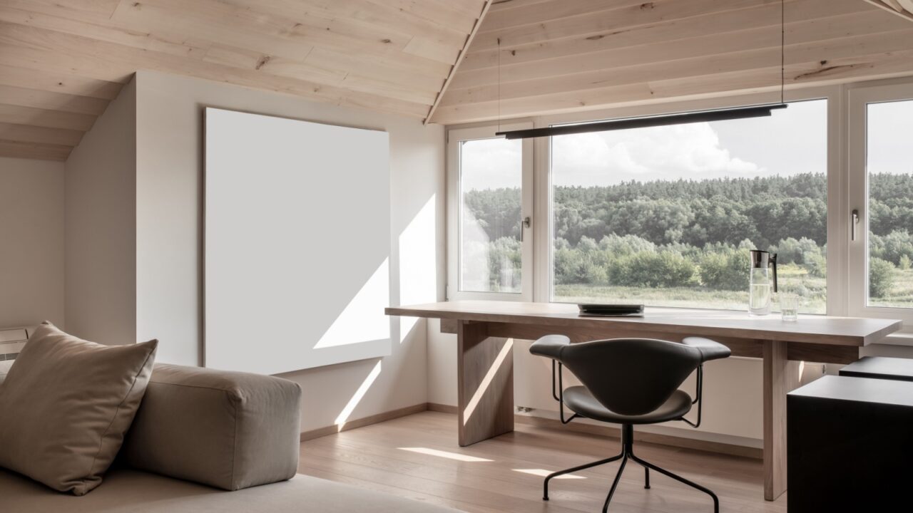 A minimalist room with a desk by a window overlooking a green landscape.