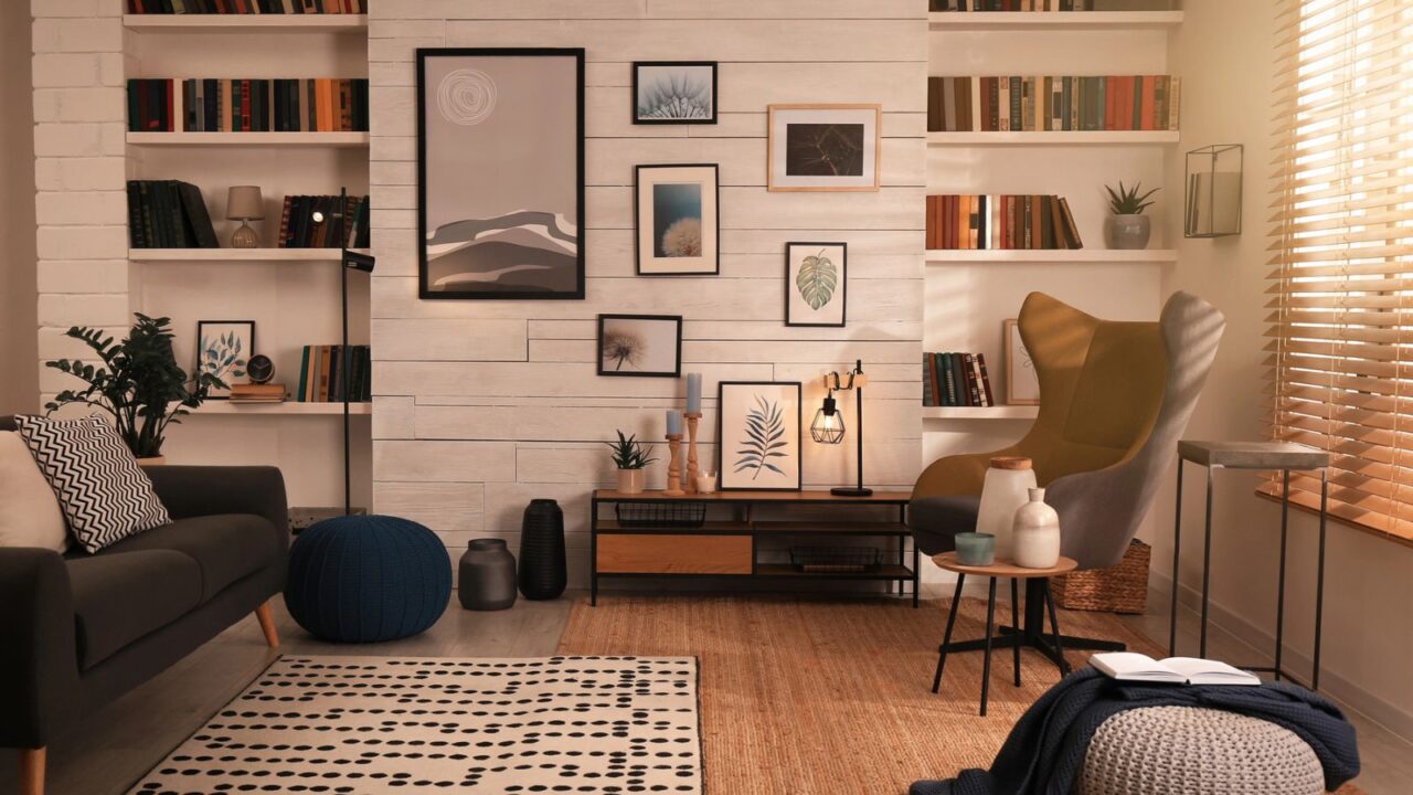 A cozy living room with books, plants, and contemporary art on the walls.