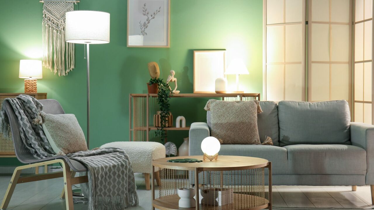 A serene living room featuring a green wall, cozy furniture, and decorative plants on shelves.