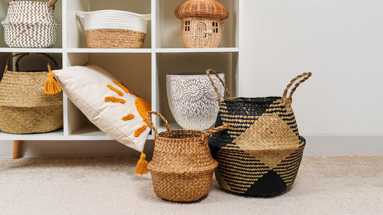 A display of various woven baskets and a decorative pillow on a white shelf.