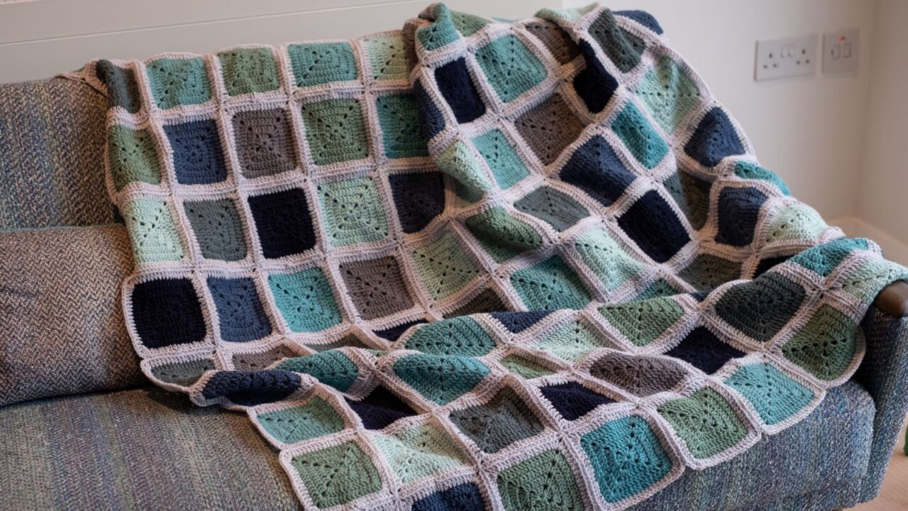 A cozy handmade geometric patterned throw blanket on a couch.