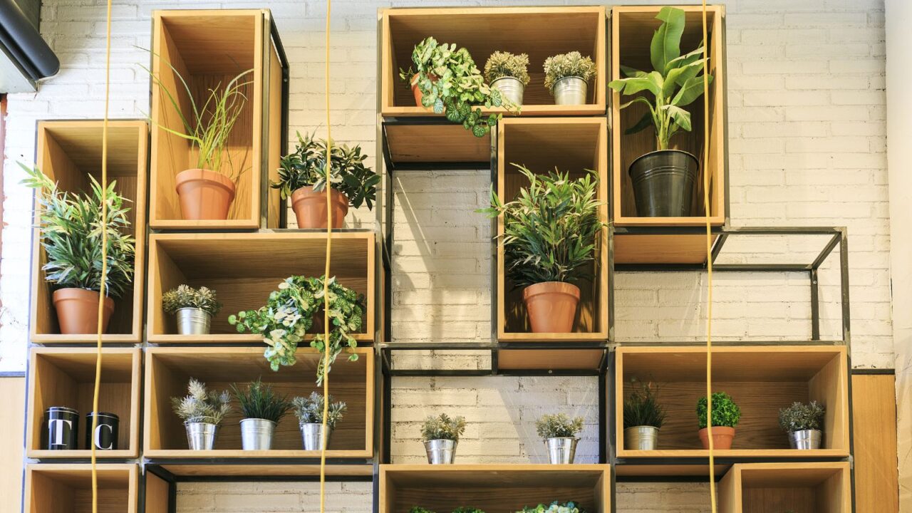 A wooden shelf with potted plants in front of a white brick wall.