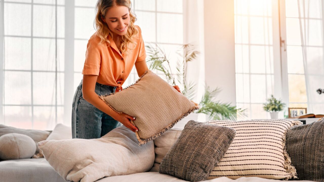 A woman setting pillows on the couch.