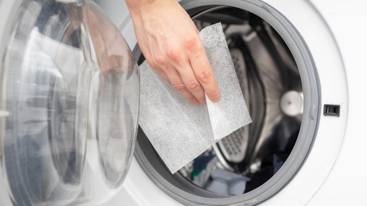 A person putting a dryer sheet in the dryer.